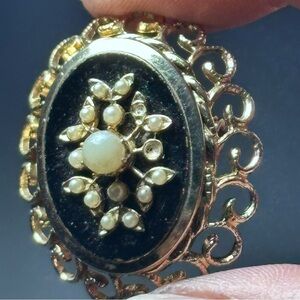 Coro Gold and Black Ornate Brooch